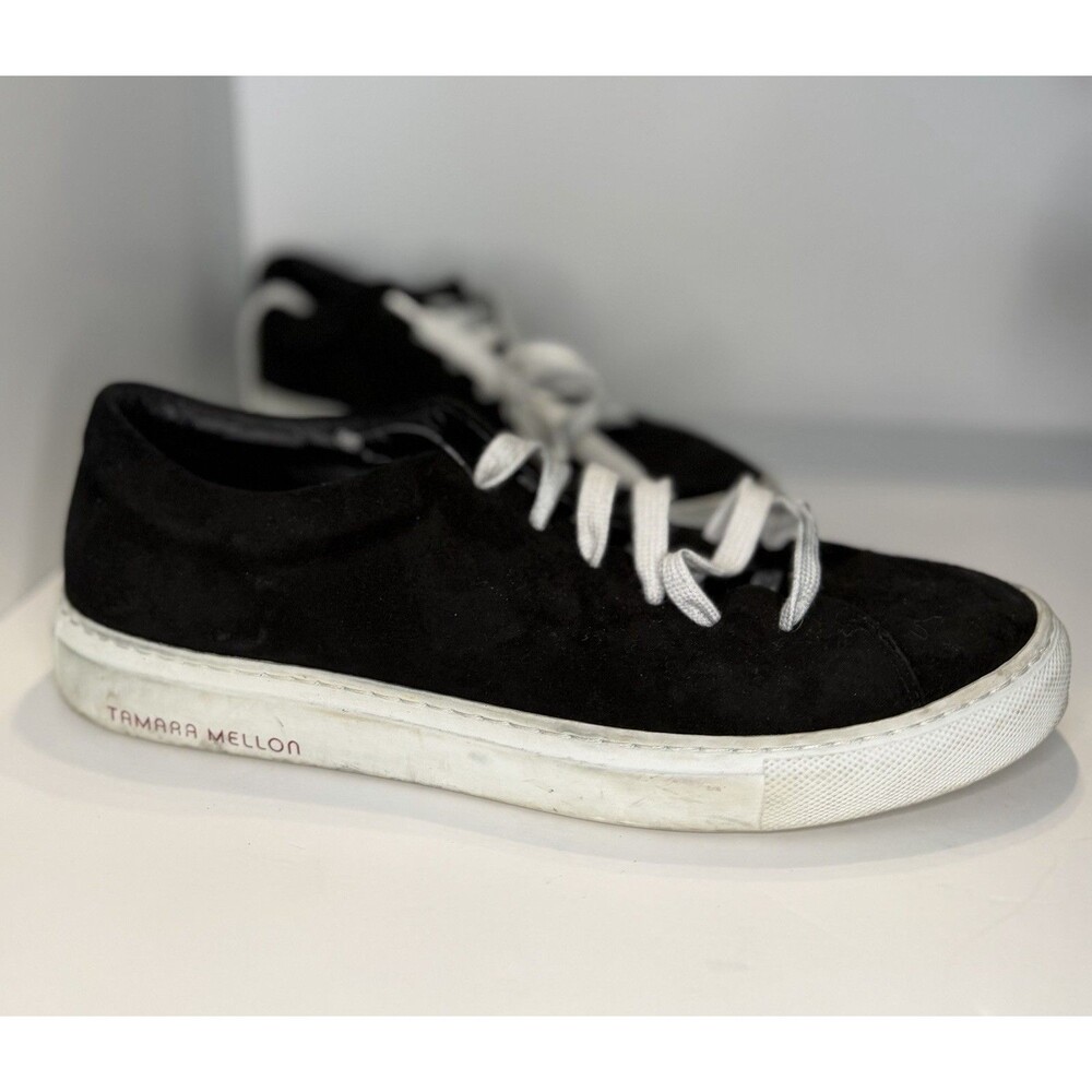 TAMARA MELLON Black Suede Sneakers Quiet Luxury Casual Italy Comfort Sz 38 1/2